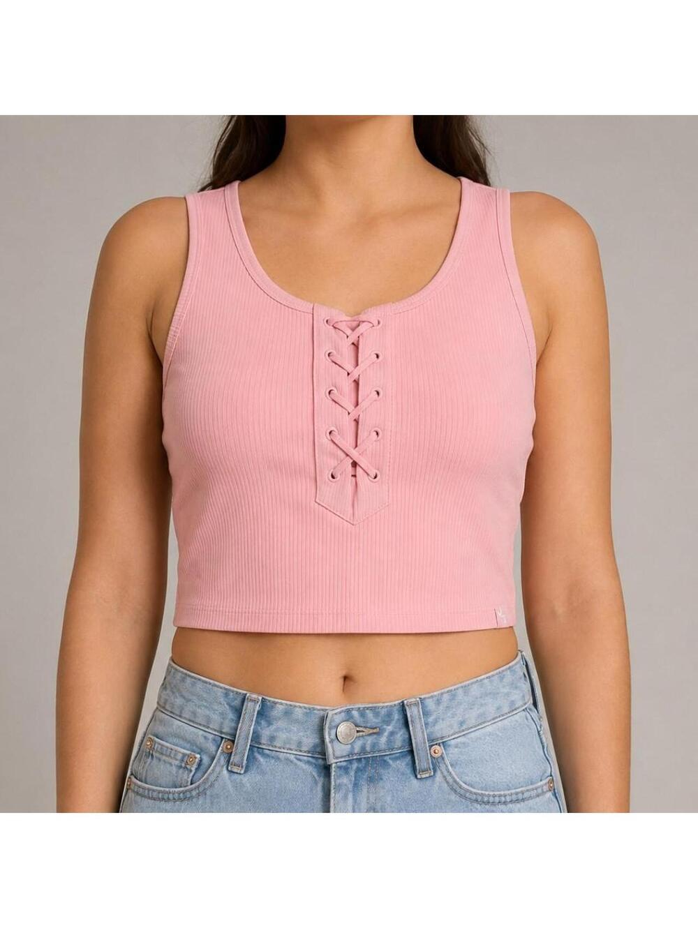 JoyLab Women’s Pink Ribbed Lace-Up Crop Top Size Large